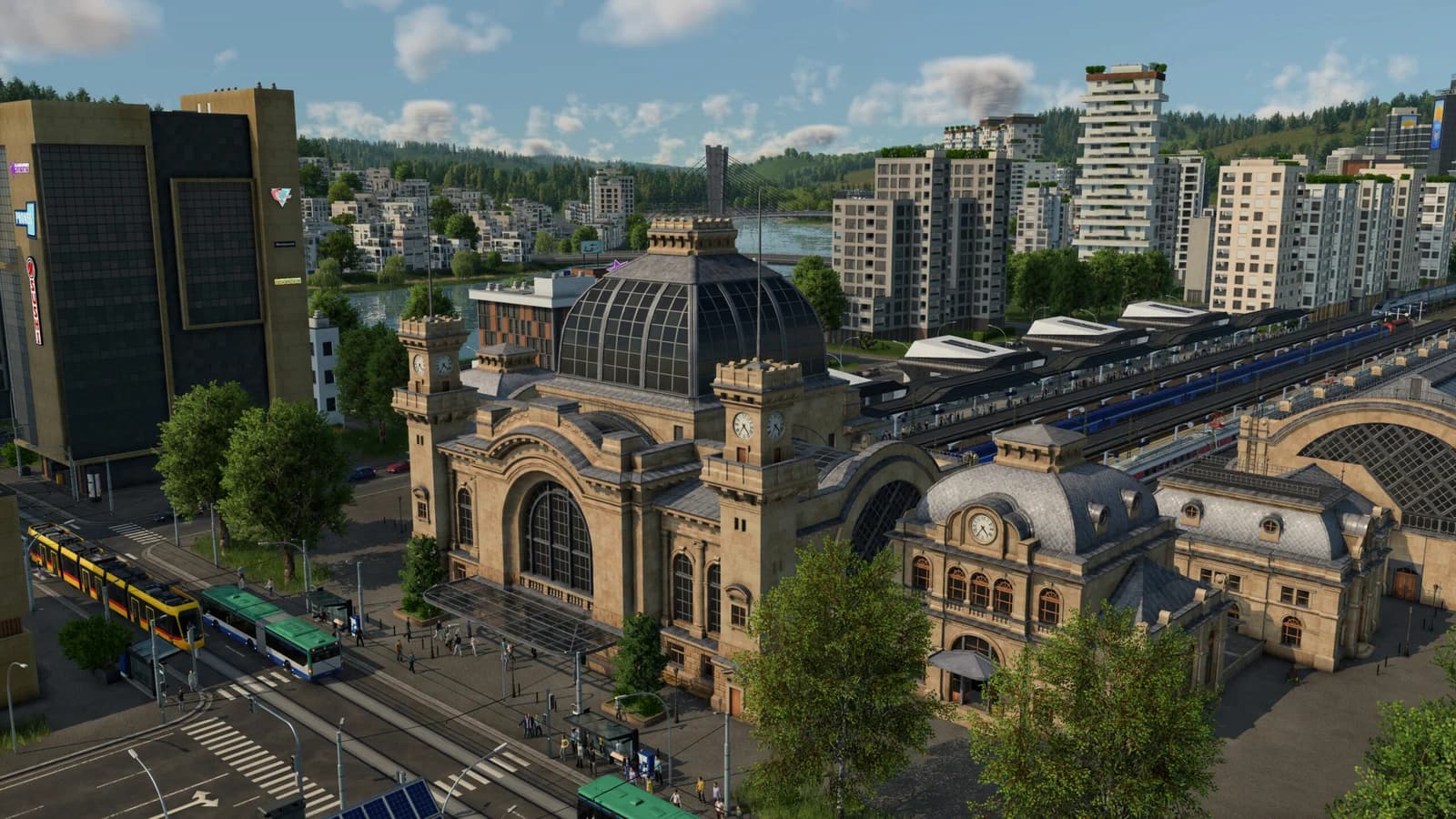 Official Transport Fever 3 scene of a grand railway station with trams and city streets