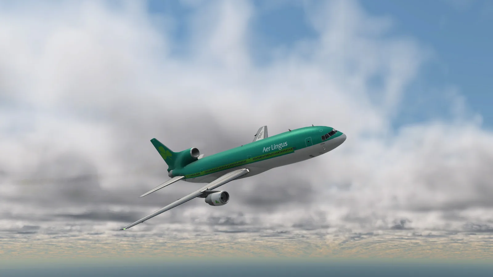 Green airliner climbing above clouds