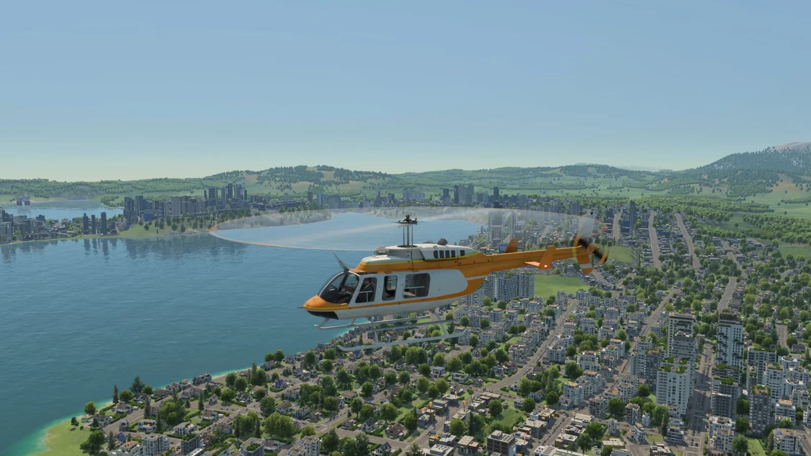 Helicopter flying above coastal city