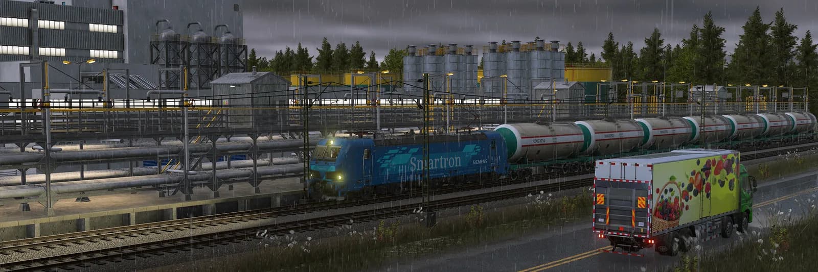 Decorated locomotives at an urban station