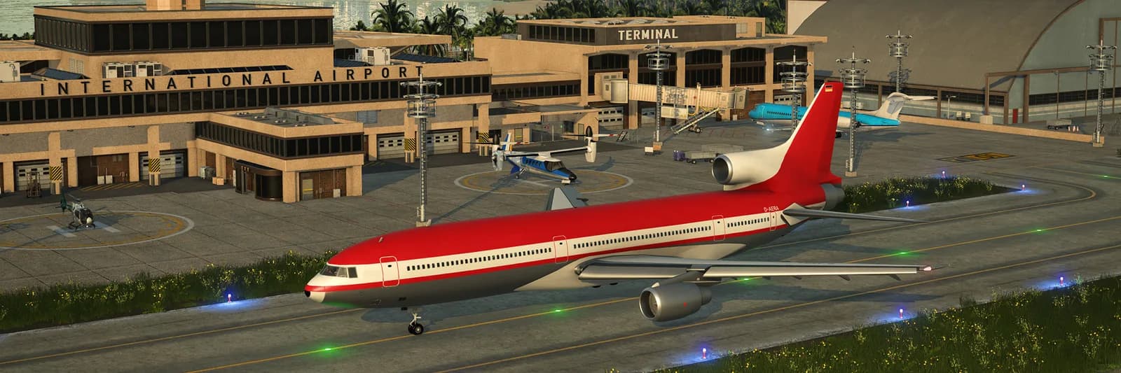 Airliner taxiing beside airport terminal