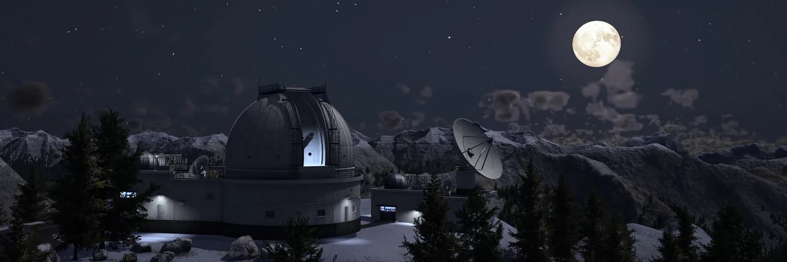 Mountain observatory beneath the full moon