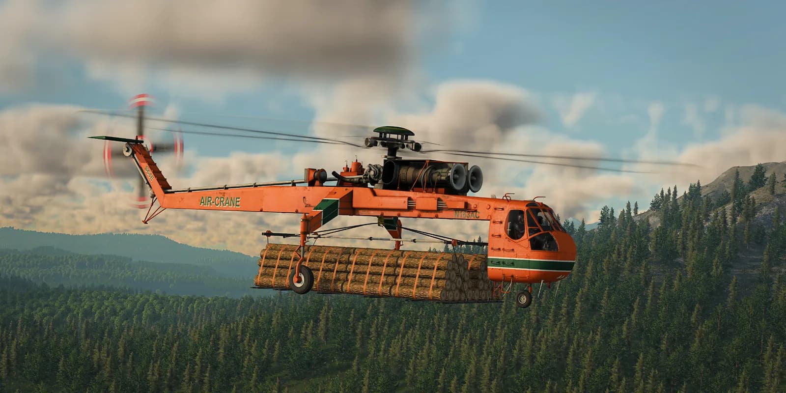 Heavy-lift helicopter transporting timber