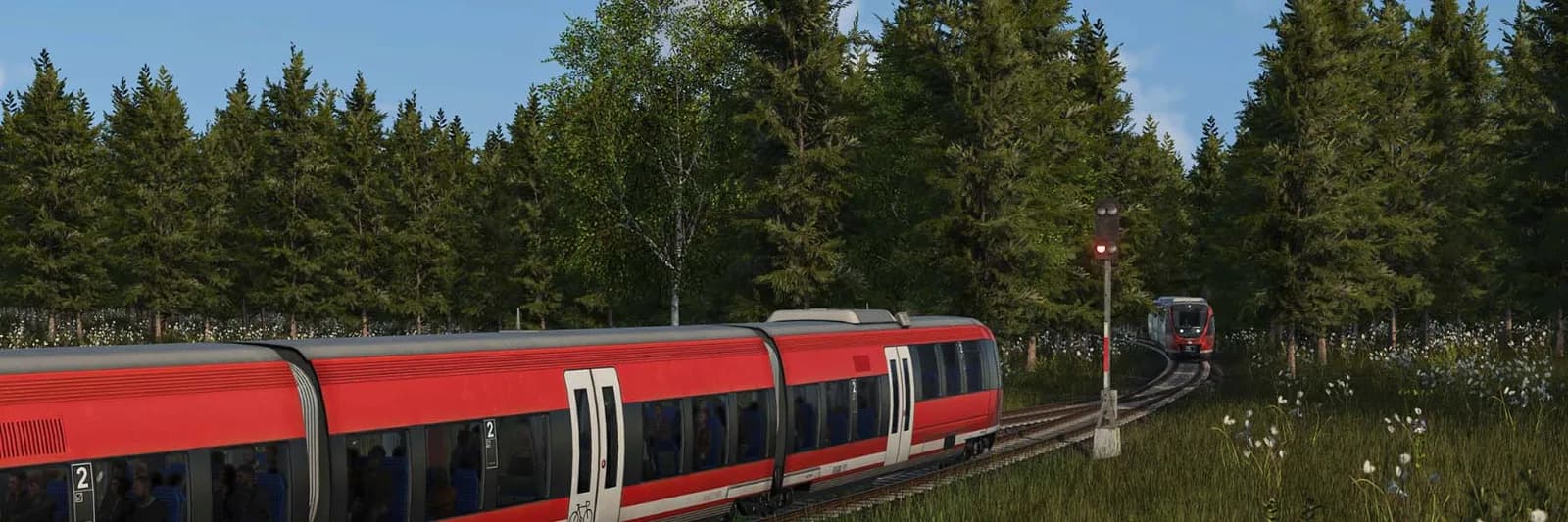 Passenger trains meeting on forest tracks