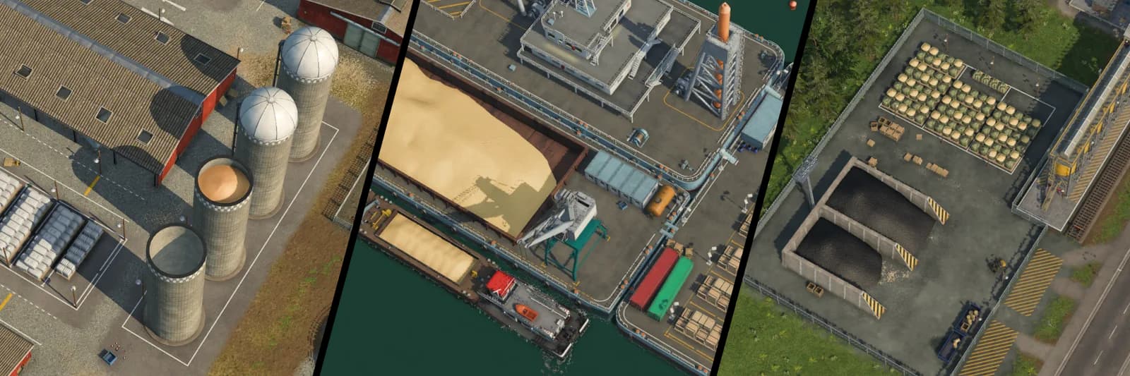 Cargo models and goods at an industrial loading area
