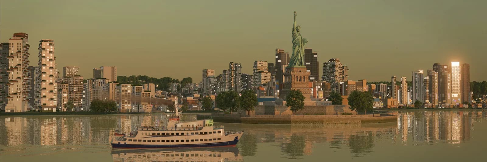 City skyline beside a sunlit waterfront