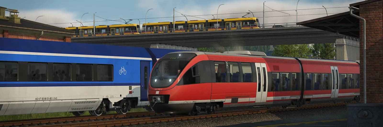 Blue and red passenger trains at terminal