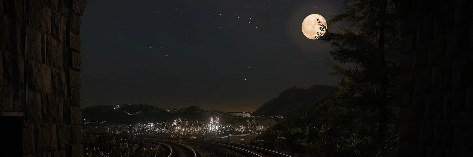 Moonlit landscape framed by a stone arch
