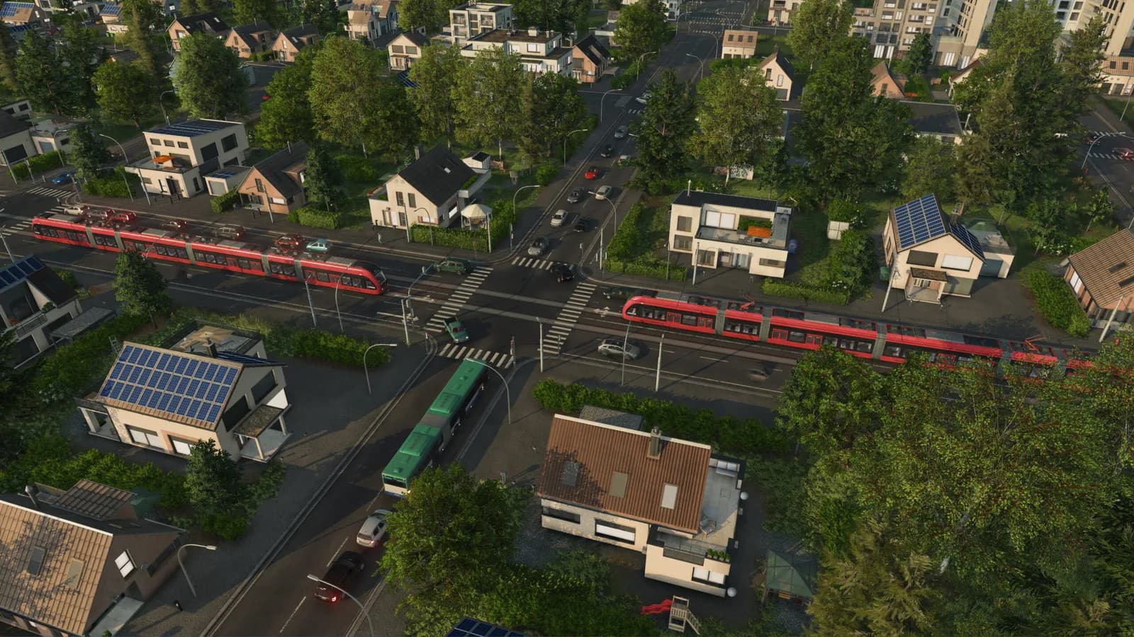 Passenger railway crossing through a small town