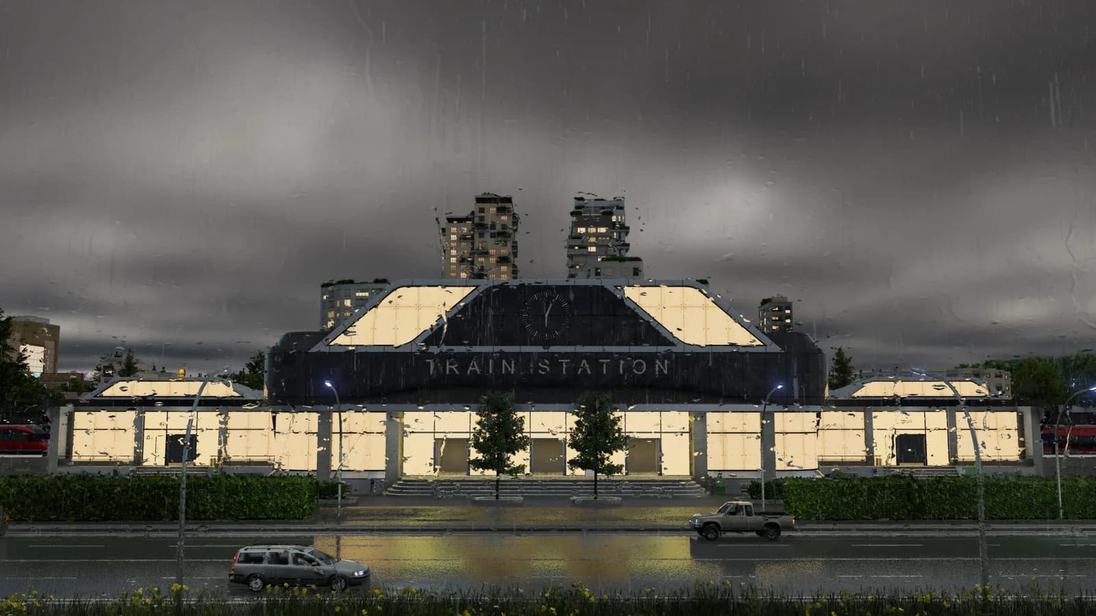 Historic station under dramatic clouds