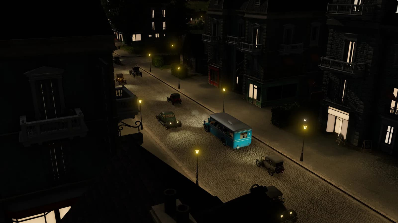 Nighttime city street and old buses