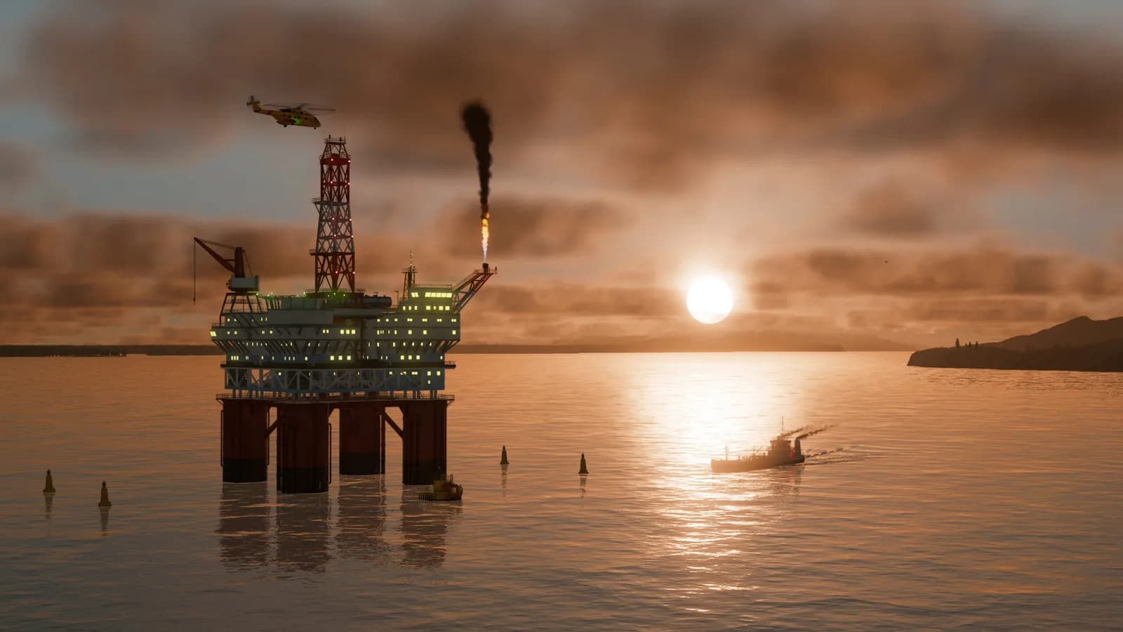 Offshore oil platform at sunset