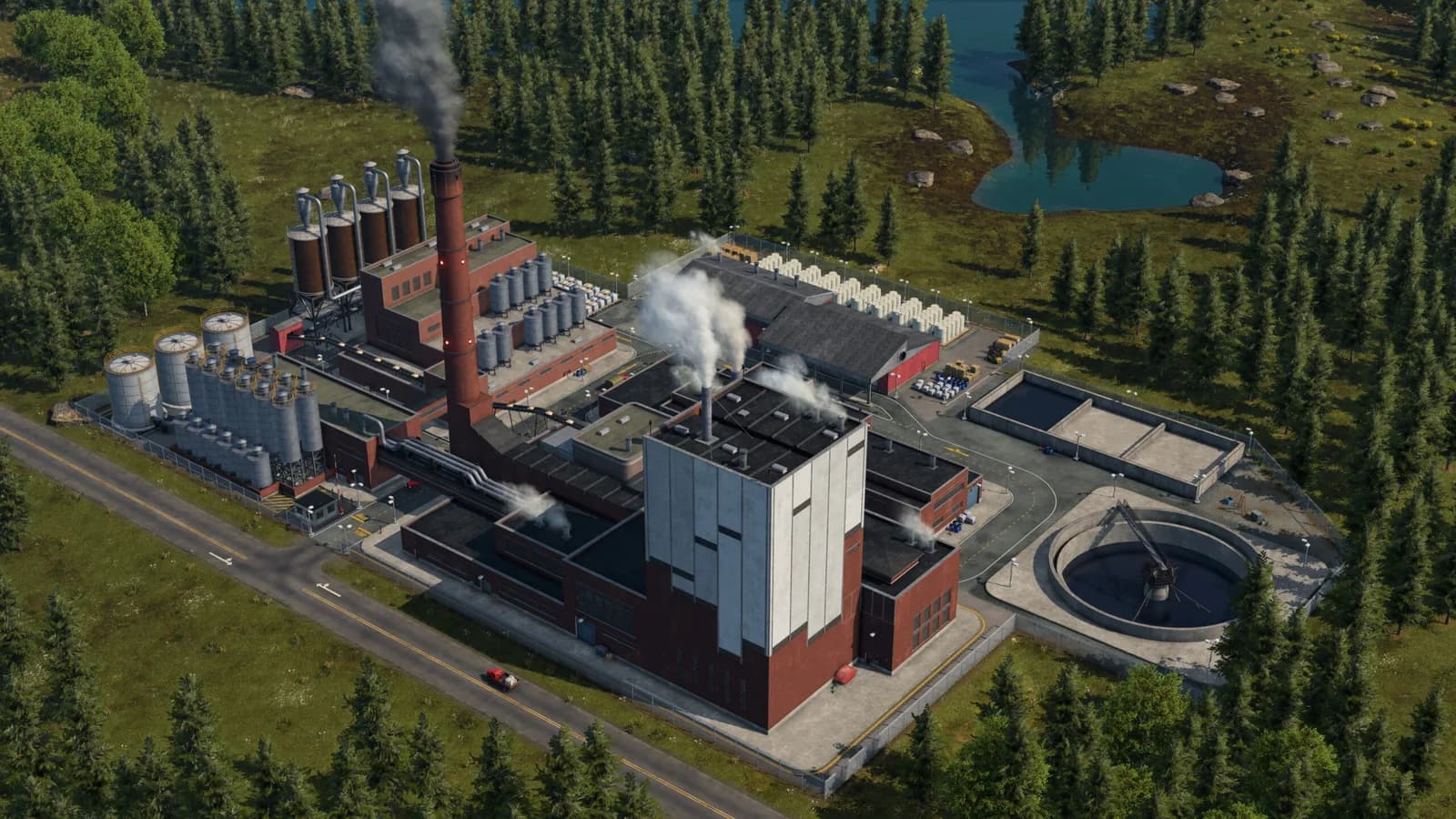 Forested industrial complex and smokestacks