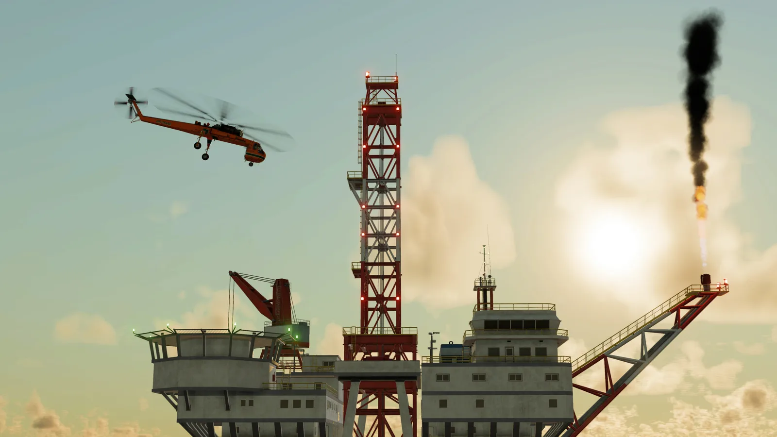 Helicopter flying past offshore drilling platform