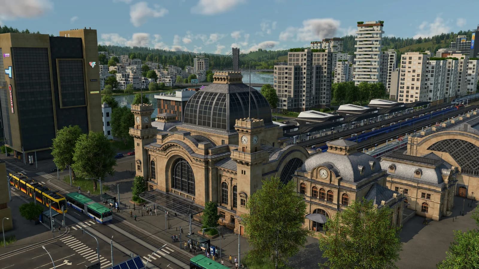 Grand historic railway station in city